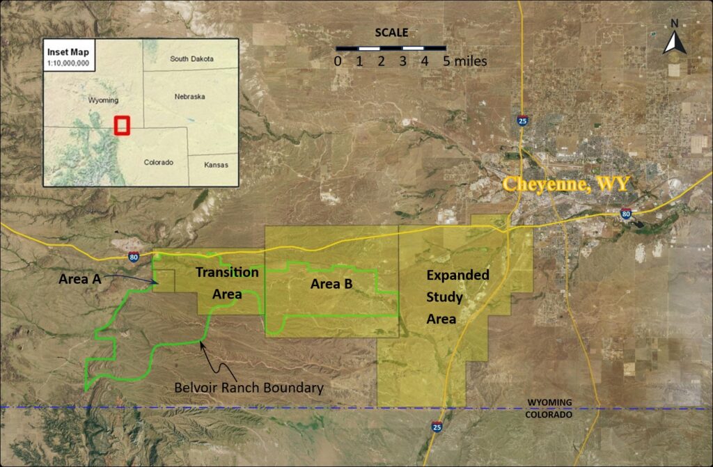 Figure 1. An aerial photography map showing the city of Cheyenne, Wyoming and the surrounding rural areas, mostly to the west of the city. Shaded irregular polygons demarcate the Atlas Site 4 groundwater contamination Study Areas, from west to east: Area A, Transition Area, Area B, and the Expanded Study Area. Agreen outline shows the Belvoir Ranch boundary, which lies mostly within the first three study areas mentioned above. The Atlas Site 4 project site lies to the southwest of Cheyenne, south of Interstate 80 and west of Interstate 25.