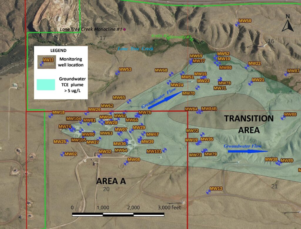 Map 2. The light blue overlay shown on this map depicts the TCE plume footprint in Area A and the western Transition Area. The plume bifurcates around the location of nested monitoring wells MW84 and MW84B, which are both screened within the fine-grained WRF (Brule) sediments. For a smaller-scale map showing the entire site area, see Figure 1 www.atlassite4.com/site-overview/ .
