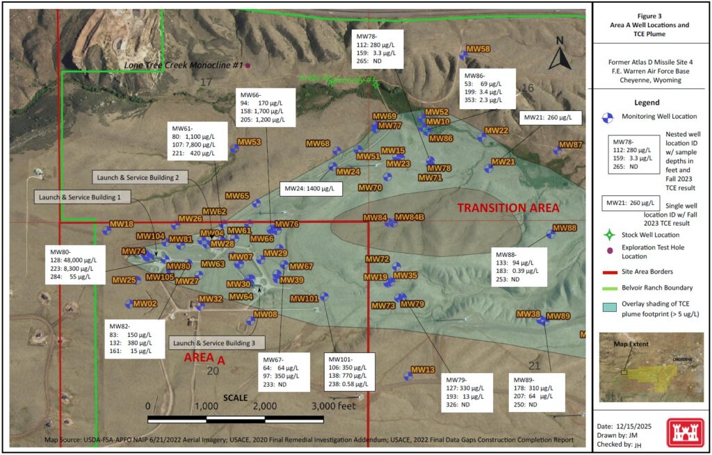Figure 3 - Area A Well Locations and TCE Plume. Groundwater flow is to the east from the Launch & Service Buildings with the plume bifurcation following paleochannels at the base of the Ogallala alluvial sediments.