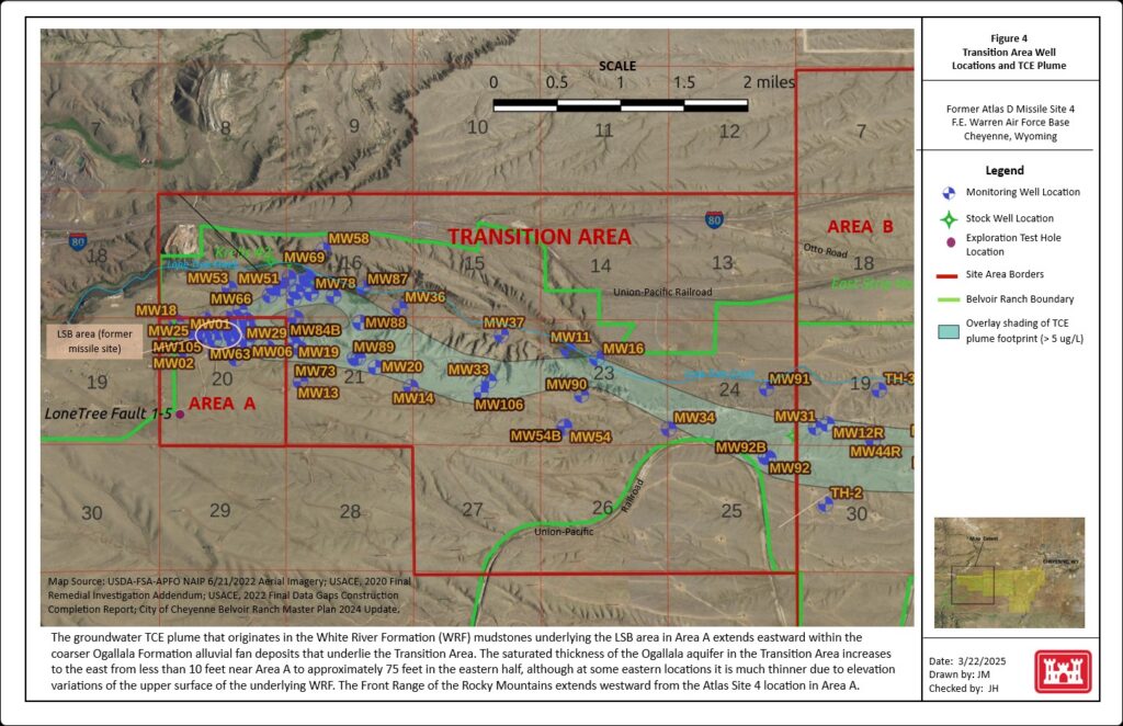 The groundwater TCE plume that originates in the White River Formation (WRF) mudstones underlying the LSB area in Area A extends eastward within the coarser Ogallala Formation alluvial fan deposits that underlie the Transition Area. The saturated thickness of the Ogallala aquifer in the Transition Area increases to the east from less than 10 feet near Area A to approximately 75 feet in the eastern half, although at some eastern locations it is much thinner due to elevation variations of the upper surface of the underlying WRF. The Front Range of the Rocky Mountains extends westward from the Atlas Site 4 location in Area A.