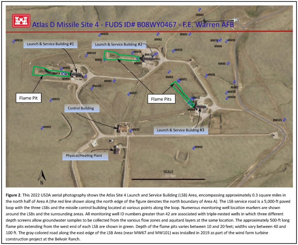 Figure 2. Annotated USDA aerial photography (2022) showing Launch & Service Buildings at former Atlas D Missile Site 4, with flame pits outlined in green.
