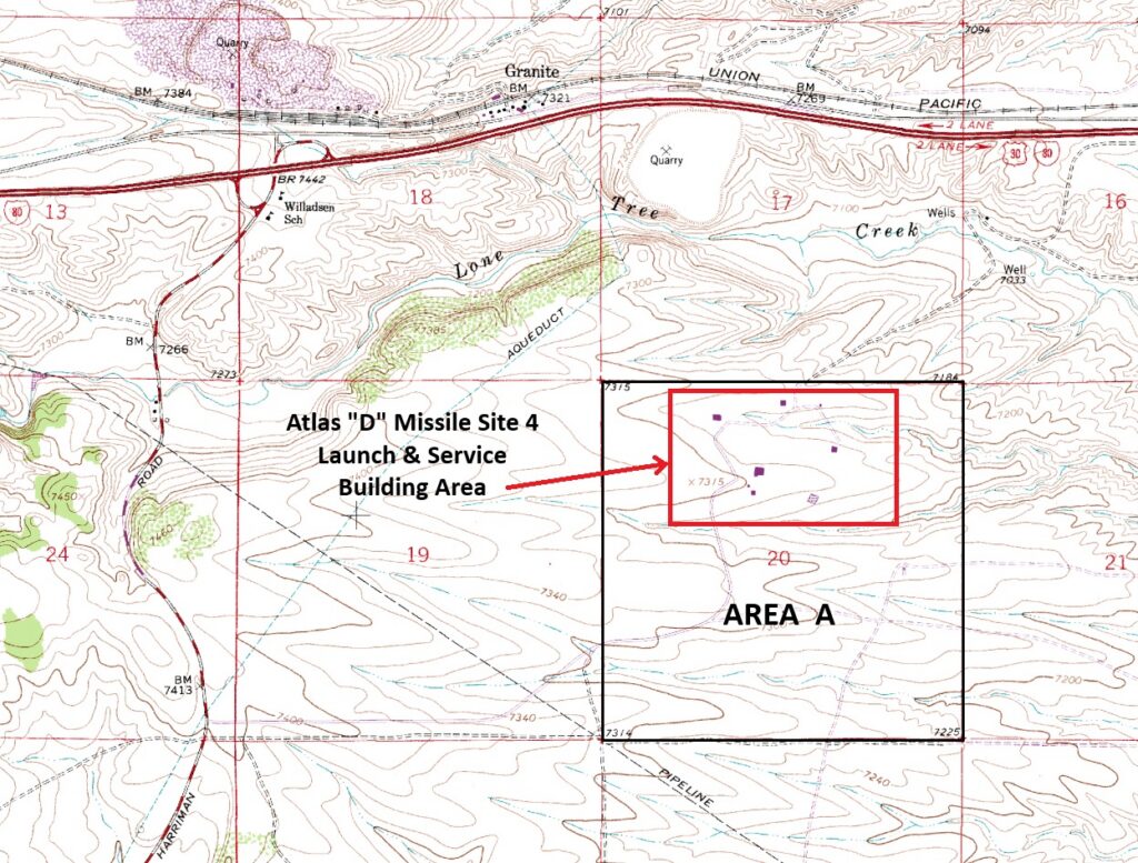 Map 1. This map shows the Area A (Section 20) and Atlas Site 4 LSB area locations relative to the locality known as Granite, Wyoming. Interstate 80 is shown ¾ mile north of the LSB area and Harriman Road is 1.5 miles west. Map source: USGS, 1962 1:24,000 topographic map for Granite, Wyo., photo-revised 1978