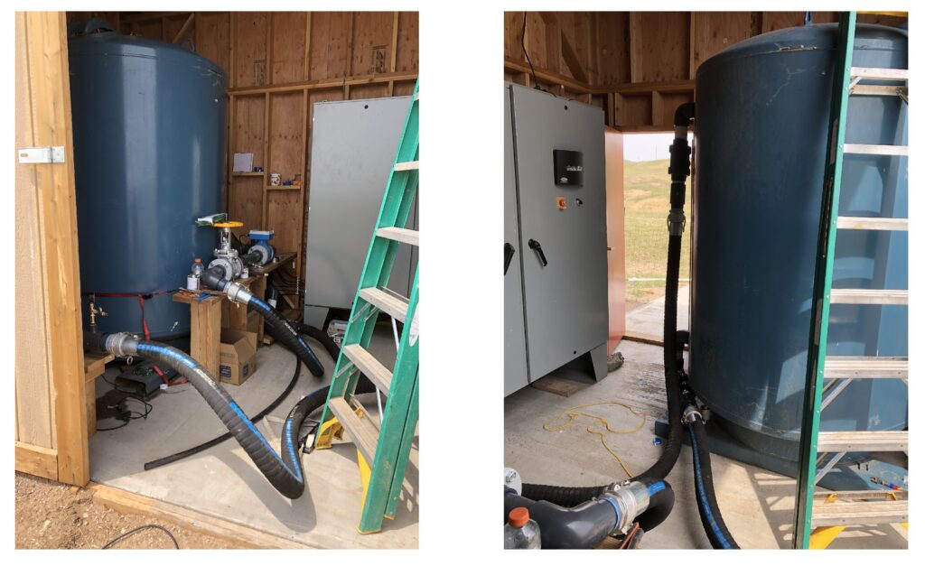Photographs 15 & 16. Two 3,000-lb granular activated carbon tanks were installed in the Treatment shed to operate in series. An automated electronic operating system was also installed in the shed, located in the metal cabinet. The system was operated at 50 to 70 gallons per minute.